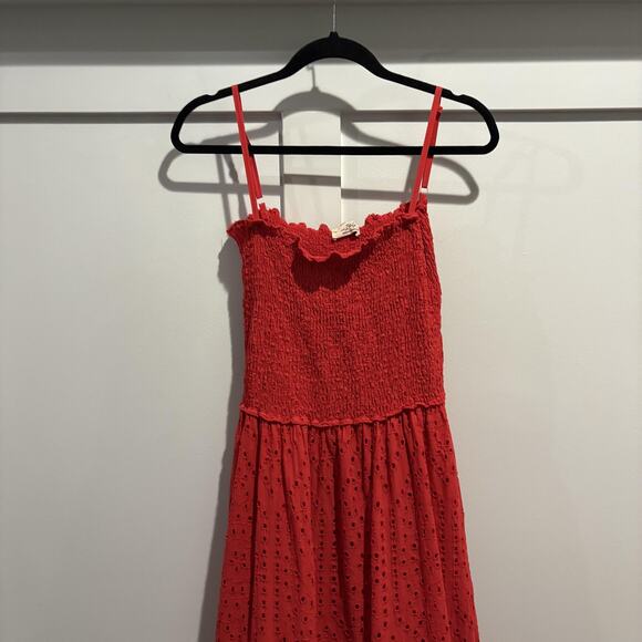 Made in Italy Dress Womens Medium Red Eyelet Smocked Tiered Maxi Sundress - Picture 3 of 12